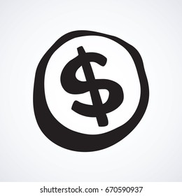 Old metal coinage penny circle shape on white backdrop. Simple market ui app concept. Freehand linear black ink hand drawn greed picture emblem sketchy in art retro scribble comic style pen on paper