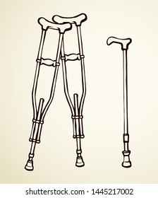 Old metal color arm handle healthcare crook tool on white backdrop. Outline black ink hand drawn forearm walker object logo emblem sketch in retro art doodle style. Closeup view with space for text