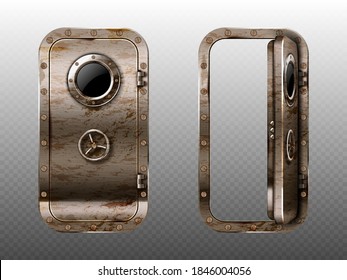 Old metal door with porthole, rusty submarine or bunker close and open entrance. Ship or secret laboratory steel bulletproof doorway with illuminator and rotary valve lock wheel realistic 3d vector