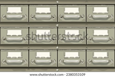 Old metal filing cabinet with identification labels on the drawers. Organizer with drawers. Mechanical workshop office. EPS illustration.