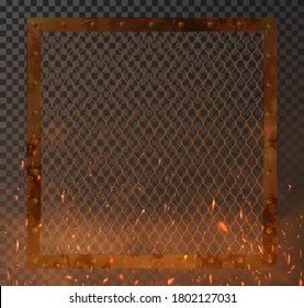 Old metal frame with fire sparks and rust for brutal presentation your product. Rusty metal frame mockup. Background illustration template for show. Vector illustration metal frame 