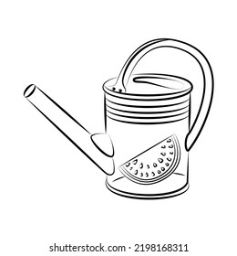 Old metal garden watering can. Gardening tool, agricultural implement used in horticulture and plant cultivation. Care for seedlings. Watering can icon. Sketch, editable linear contour drawing