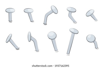 Old Metal Nails In Cartoon Style With Black Outline. Isolated Set Tools On White Background. Vector Illustration For Design.