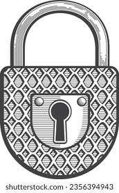 Old metal padlock sketch. Vintage lock engraving