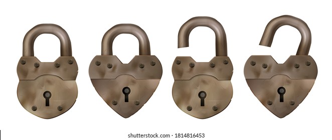 Old metal padlocks isolated on white background. Symbol of safety, privacy and security. Vector realistic set of open and closed rusty locks in heart shape with scratches