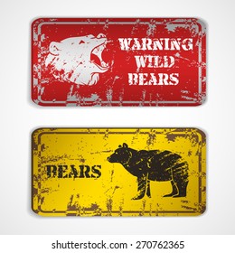 Old metal plate with roaring bear.Vector illustration
