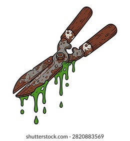 Old metal pruning scissors covered in rust and leaking viscous green slime on white surface.