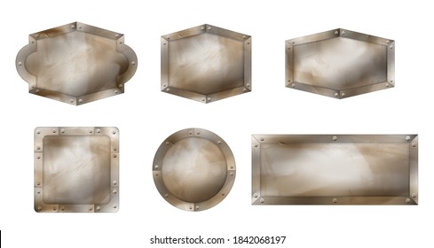 Old metal signs different shapes, rusty boards with steel frame and screws. Vector realistic set of blank iron signboards, advertising banners with rivets isolated on white background