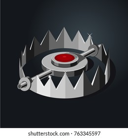 Old metalic hunter trap. Cartoon style, isolated illustration.