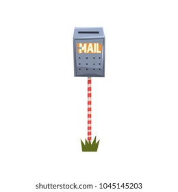 Old metallic postbox hanging on striped pole. Cartoon illustration of blue mailbox on piece of green grass. Colorful flat vector design for web site or mobile app