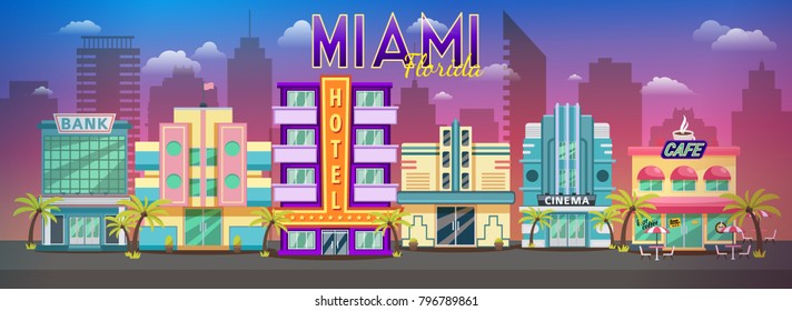 Old Miami skyline panorama at sunset. Retro city retro cityscape, retro background miami florida skyline. Banner for site