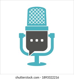old microphone with bubble talk for podcast, simple and flat icon logo