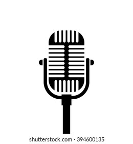 Old microphone icon. Black icon isolated on white background. Microphone silhouette. Simple icon. Web site page and mobile app design element.