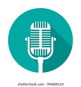 Old microphone icon with long shadow. Flat design style. Round icon. Microphone silhouette. Simple circle green icon. Modern flat icon. Web site page and mobile app design element.