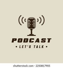 diseño gráfico de icono de la plantilla vintage de ilustración vectorial del logotipo del micrófono antiguo. signo o símbolo de podcast para difusión o radio con un patrón de ondas sonoras