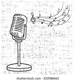Old microphone and music notes hand drawn vector. 