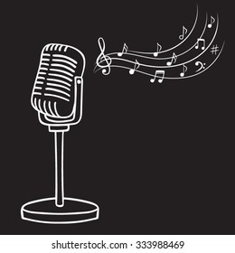 Old microphone and music notes hand drawn vector. 