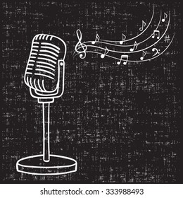 Old microphone and music notes, hand drawn vector. 