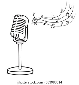 Old Microphone And Music Notes Hand Drawn Vector. 