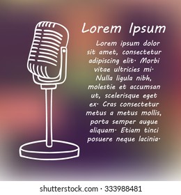 Old microphone on blurred background hand drawn vector. 