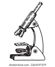 Old microscope sketch. Chemistry or biology equipment, education, laboratory tool outline clip art. Hand drawn vector illustration isolated on white..