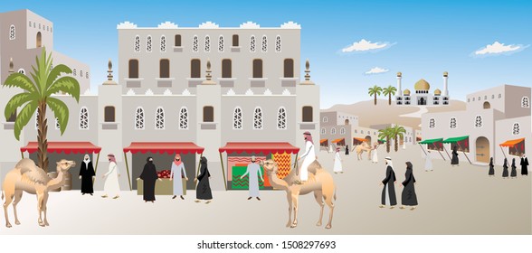 Old Middle East Arab City, Market Bazaar In Ramadhan - Vector