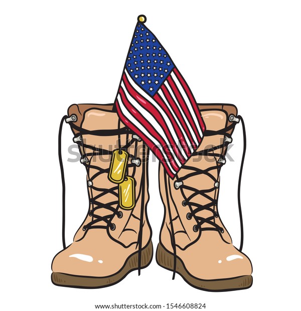 Old military combat boots with soldier tags and a small American flag. 
