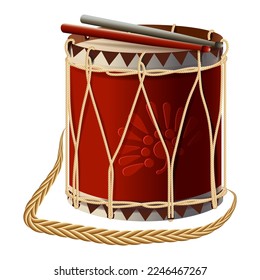 Old military drum, made of leather, metal, wood, decorated with gold and drumsticks