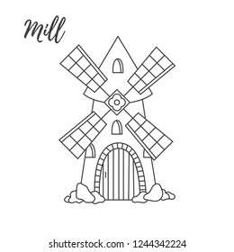 Old mill doodle cute cartoon line vector icon