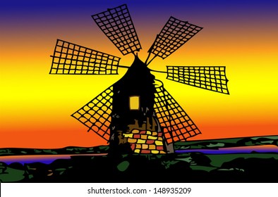 Old mill Dutch at sunset