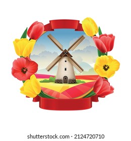 Old mill realistic emblem decorated with frame of red and yellow spring flowers isolated vector illustration