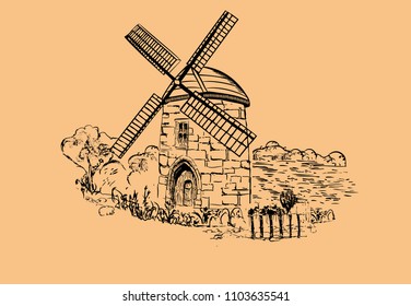 Old mill sketch. Doodle illustration.