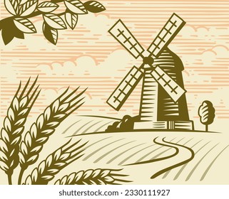 Old mill and wheat. Rural countryside 