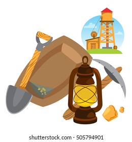 Old mine. Mining equipment. Illustration in the style of the wild west.