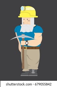 Old miner in a helmet with a pickaxe,Character-worker with a beard, vector image, flat design