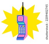 An old mobile phone from the 90s, 80s. Bright push-button phone in retro wave style. Nostalgia