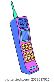 Un viejo teléfono móvil de los años 90, 80. Teléfono de Botón brillante en estilo de onda retro. Nostalgia. Ilustración vectorial de teléfono celular retro. Estilo de dibujos animados planos modernos.