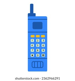 Old mobile phone 90's. Hand drawn vector. Classic 80s 90s elements in modern style.Cell phone with an antenna.Isolated on white background.