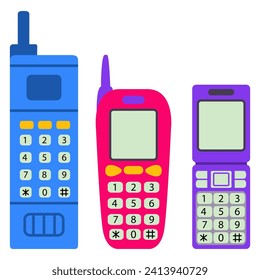 Old mobile phone from the 90s.Y2k flip phone.Retro phone.Old cell phone.Modern and trendy items from the 90s.Button mobile telephone.Isolated on white background.Vector flat illustration.