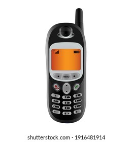 An old mobile phone. Black cell phone with antenna, gray buttons, and orange display