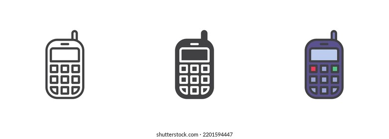 Old mobile phone different style icon set. Line, glyph and filled outline colorful version, telephone outline and filled vector sign. Symbol, logo illustration. Vector graphics