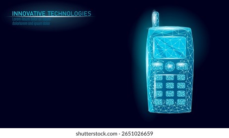 Ilustração antiga do telefone celular. Telefone celular comunicação gadget arte poligonal. Telecomunicações história design nostalgia. Vetor de poli baixo plano de fundo azul escuro