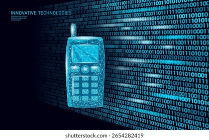 Ilustração antiga do telefone celular. Telefone celular comunicação gadget arte poligonal. Telecomunicações história design nostalgia. Vetor de poli baixo plano de fundo azul escuro