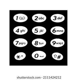 Old mobile phone keyboard, black-white vector illustration.