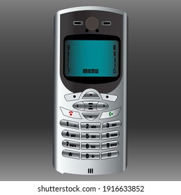 Old mobile phone. Metallic cell phone with gray buttons and a green display. 