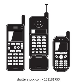 Old Mobile Phone Set 90's. Black And White Vector Illustration