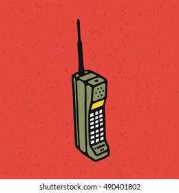 Old mobile phone. Vintage 80's mobile phone icon. Vector illustration on grunge texture background