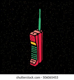 Old Mobile Phone. Vintage 80's Mobile Phone Icon. Vector Illustration On Grunge Texture Background