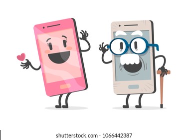 Old Mobile Phone With White Mustache And Wrinkles. With A Cane In His Hand. Flirting With A Charming Younger Mobile Woman, Like A Dirty Old Man. Flat Design, Vector Illustration.