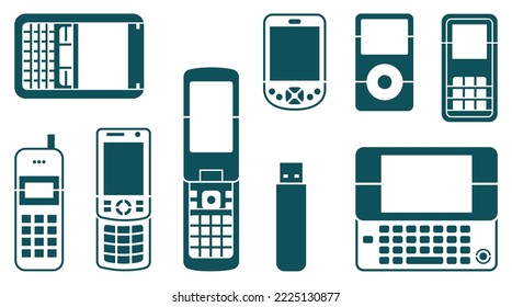 Old Mobile Phones. Music Players icons silhouette vector design